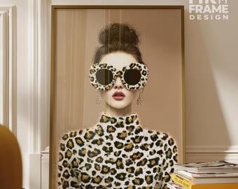 Leopard Print Wall Art – Stylish Woman with Sunglasses – Modern Glam Fashion Poster – Digital Download