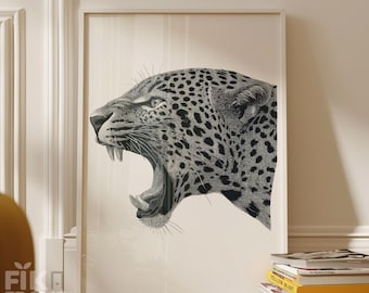 Black and White Leopard Wall Art, Roaring Animal Poster, Minimal Line Illustration, Digital Download