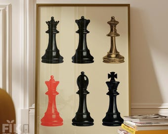 Schachfiguren Wandkunst, Minimal Strategie Poster, Modernes Schwarz Gold Rot Dekor Digitaler Download