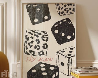 Versuchen Sie es erneut Würfel Wandkunst, Schwarz Weiße Würfel Illustration Poster, Moderne Kasino Typografie Druck, Minimal Edition