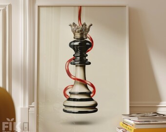 Moderne Schachkönigin Wandkunst Druck, Luxus Strategie Poster, Schwarz Gold Minimalistisches Dekor