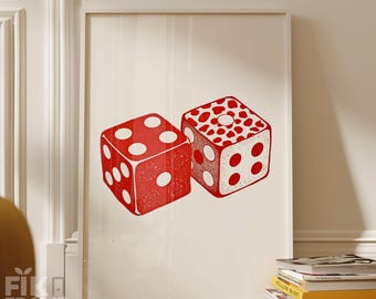 Rote Würfel Wand Kunst, Modernes Kasino Minimal Druck, Auffällige Illustration Würfel, Zeitgenössische Spielzimmer Dekoration, Digitaler Download