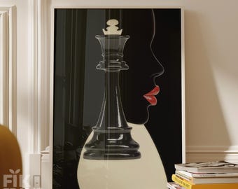 Chess Queen Silhouette Wandkunst, Minimales Portrait, Modernes Schwarz Rot Luxus Dekor Digital