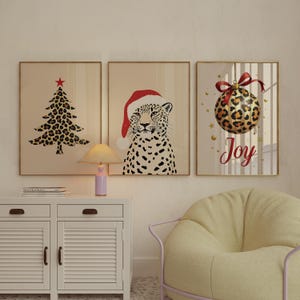 Leopard Christmas Wall Art Set of 3 , Wild Holiday Prints , Santa Leopard , Leopard Tree & Ornament Joy Poster ,Digital Download