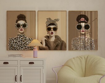 Leopardenmuster Glamour Frauen 3er Set Mode Wand Kunst Drucke - moderner schicker Retro Stil - digitaler Download