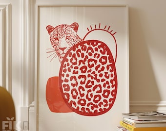 Roter Leopard Wandkunst, Moderne Tier Illustration Poster, Leopard Print, Minimalistisches Dekor, Digital Download