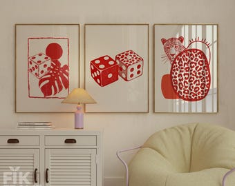 Roter Leopard Würfel Wand Kunst 3er Set, modernes Kasino Galeriewand, mutige Animal Prints, minimales abstraktes Dekor, digitaler Download
