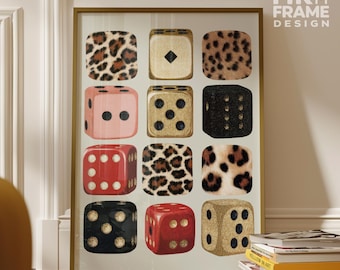 Leopardenmuster Würfel Wandkunst, Retro Kasino Glam Poster, Trendiger Spieleabend Digitaler Download, Modernes Bar Lounge Dekor