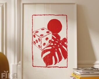 Red Dice Botanische Wandkunst, Modernes Kasino Bearbeitungsdruck, Minimal Abstraktes Dekor, Gewagtes Monochromes Kunstwerk, Zeitgenössischer Digitaler Download