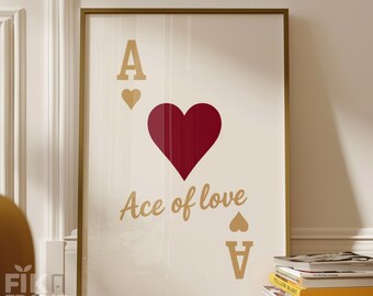Ace of Love Wandkunst, rotes Herz Spielkarte Poster, moderne romantische Dekoration Druck, minimales stilvolles Kunstwerk, digitaler Download
