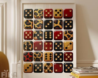 Leopardenmuster Würfel Wandkunst, Retro Kasino Glam Poster, Trendiger Spieleabend Digitaler Download, Modernes Bar Lounge Dekor
