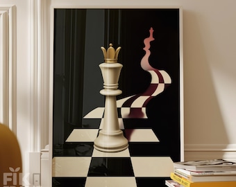 Chess Queen Path Wandkunst, Surreale Strategie Poster, Modernes Schwarz Rot Minimal Dekor Digitaler Download