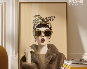 Leopard Print Fashion Wall Art – Glamorous Woman with Headscarf & Sunglasses – Retro Chic Glam Poster – Digital Download