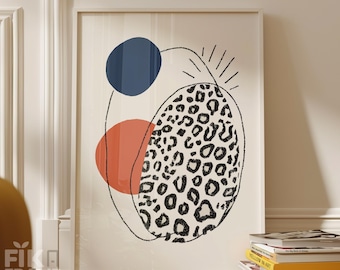 Abstrakte Leoparden Wandkunst, Modernes Boho Tier Druck Poster, Navy Terrakotta Minimal Dekor, Illustration im Herausgeberstil, digitaler Download