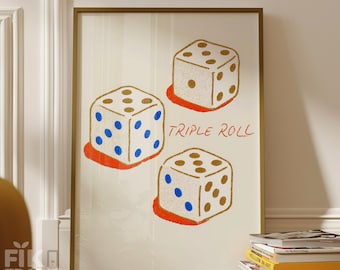 Triple Roll Dice Wandkunst, Moderne Kasino Würfel Illustration Poster, Verspielte Editionskunst, Neutraler bunter Dekordruck, Digital Download