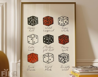Dice Personality Wandkunst, Illustrierte Würfelkarte Poster, Modernes Dekor im Kasino-Stil, Verspieltes Typografie Kunstwerk, Minimaler digitaler Download