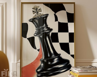 Black King Chess Wandkunst, moderne Schach Illustration, kariert Editions Spiel Dekor Digitaler Download