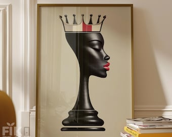 Queen Chess Wall Art, Minimal Fashion Portrait, moderner Luxus Black Glam Decor Digital Download