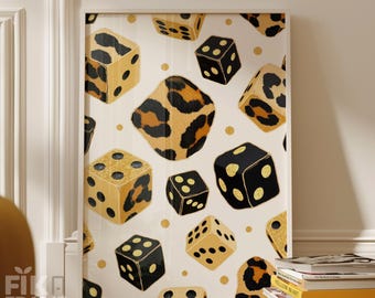 Leopard Würfel Wandkunst, Luxus Kasino Muster Poster, Gold Schwarz Tier Druck Dekor, Editions Glam Kunstwerk, moderner digitaler Download