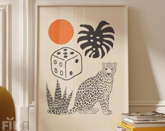 Leopard Würfel Wandkunst, Moderne Tier Illustration Poster, Neutraler Boho Dekor Druck, Abstraktes Kasino Kunstwerk, Digital Download