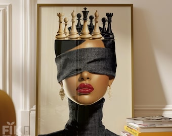 Goldene Schachkönigin-Wandkunst, Mode-Redaktionelles Porträt, modernes bezauberndes Luxusdekor digitaler Download