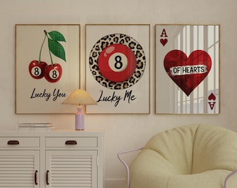 Lucky Wandkunst 3er-Set, Retro Kasino Cherry Poster, Leopard 8 Ball Druck, Herz As Karte Digitale Wandkunst