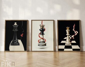 Schachkönigin Wandkunst 3er Set, modernes konzeptionelles Poster-Trio, Luxus-Schwarz-Rot-Minimaldekor Digitaler Download