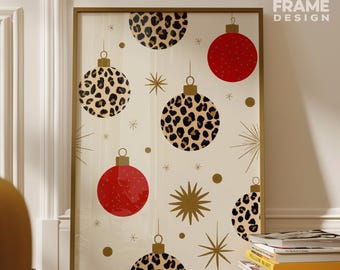 Leopard Weihnachten Ornament Muster Wandkunst, Rot & Gold Urlaub Druck, Glam Animal Print Kugel Poster, modernes festliches Dekor, digitaler Download