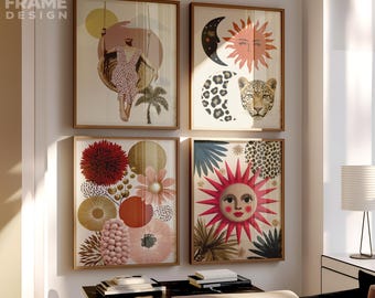 Boho Sonne & Mond Wand Kunst Drucke: Retro Leopard Botanisches Dekor (Digitaler Download 4er Set)