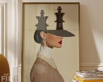 Chess Queen Mode Wandkunst, Elegantes Portrait, Modernes Minimal Luxus Dekor Digitaler Download