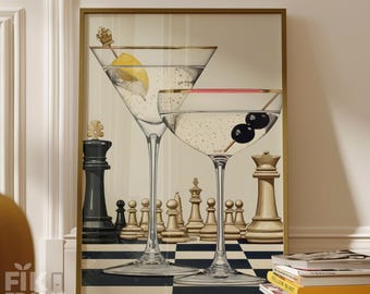 Schach Martini Wandkunst, Cocktailbar Illustration, modernes Luxus Schach Dekor Poster digitaler Download