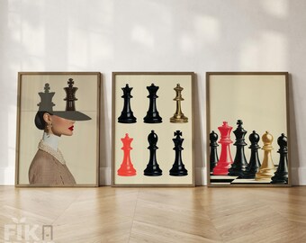 Schach Wand Kunst 3er Set, Fashion Portrait Prints, Moderne Minimal Schach Dekor Galerie Digitaler Download