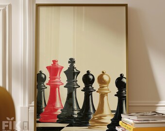 Schach Lineup Wandkunst, Rote Dame Strategie Poster, Modernes Minimal Schwarz Gold Dekor Digitaler Download