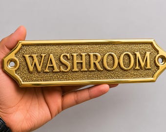 Vintage Brass Washroom Sign Plaque | Polished Gold Bathroom Door Name Plate