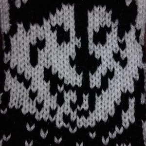 Può includere: Primo piano di un tessuto a maglia con un motivo ripetuto. Il disegno presenta un volto nero a forma di gufo su sfondo bianco. Le maglie creano una superficie strutturata, con i lineamenti del gufo ben definiti.