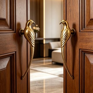 May include: A pair of open, dark wood doors with ornate, gold-colored bird-shaped door handles. The handles are detailed with feathers and a curved beak. The doors lead into a well-lit interior.