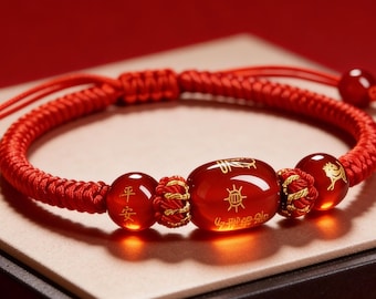 2026 Jahr des Pferdeschutz-Armband, Feng Shui Glück Geschenk für Sternzeichen Pferd, Ratte, Ochse, Kaninchen, rotes Achat Armband als Glücksbringer