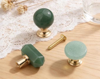 Tirador de piedra verde de un agujero, pomo de cajón de latón dorado, tirador de armario de piedra natural, tirador de cocina bohemio, regalo único
