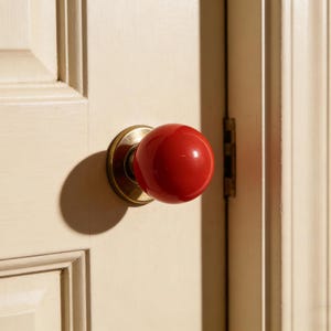 May include: A red, round door knob with a brass base is mounted on a cream-colored door. The door has a panel design and a shadow is cast on the door from the knob. The door hinge is visible.