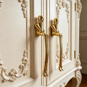 May include: A close-up of a cream-colored cabinet door with ornate carvings. Two gold-colored, stylized human figure handles are attached. The handles are in a seated position, with their hands near their faces.