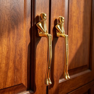 May include: Two gold-colored cabinet handles in the shape of a person sitting with their chin resting on their hand. The handles are mounted on a dark brown wooden cabinet door. The handles have a shiny, reflective surface.