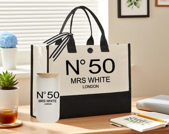 Bolsa de lona personalizada para celebrar cumpleaños, con nombre y estado, para regalar en cumpleaños número 45 o 50. Bolsa de lona personalizada para ella. Regalo de cumpleaños personalizado.