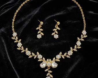 Conjunto de joyas florales de cristal / Conjunto de collar y pendientes de novia / Joyas de boda con diamantes de imitación / Regalo para damas de honor / Accesorio nupcial para boda y graduación