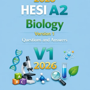 May include: A light blue study guide cover titled 2026 HESI A2 Biology Version 1 Questions and Answers. The design features a microscope, a DNA strand, a magnifying glass, a test tube with blue liquid, a green leaf, and lettered blocks A, B, and C.