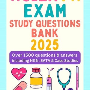 Puede incluir: Una guía de estudio para el examen NCLEX PN. La portada presenta el texto "NCLEX PN EXAM STUDY QUESTIONS BANK 2025" en varios colores. Incluye ilustraciones médicas como un estetoscopio, una jeringa y pastillas.