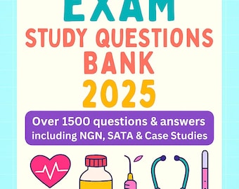 May include: A study guide for the NCLEX PN exam. The cover features the text "NCLEX PN EXAM STUDY QUESTIONS BANK 2025" in various colors. Includes medical-related illustrations such as a stethoscope, syringe, and pills.