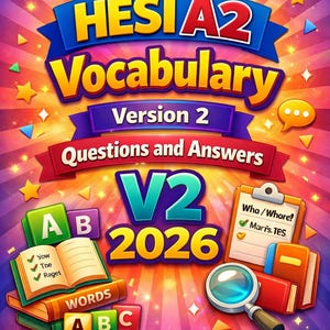 Op de afbeelding: Een 2026 HESI A2 Vocabulary Version 2 studieboekcover met de tekst Questions and Answers, V2 en 2026. Het ontwerp bevat kleurrijke illustraties van open boeken, gestapelde blokken met de letters A, B, C, een klembord en een vergrootglas.