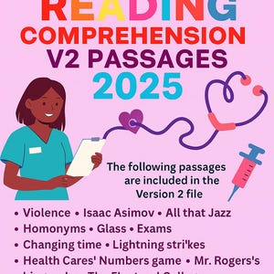 May include: A pink and purple graphic promoting "HESI A2 Reading Comprehension V2 Passages 2025." It features a cartoon nurse, a stethoscope, and a syringe. The text lists reading comprehension topics including "Violence" and "The White Elephant."