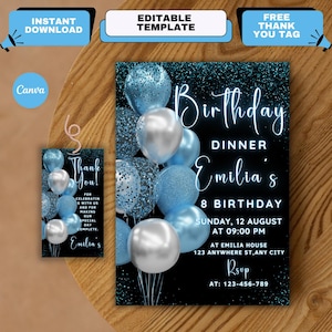 Blue Birthday Dinner Invitation, Balloons Party Invite, Blue Formal Affair Party, Editable Birthday Dinner Party, Instant Download
