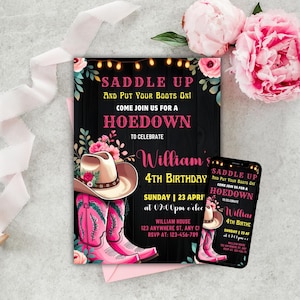Convite para festa de aniversário Western Hoedown, prepare-se e calce as botas, convite de aniversário de cowgirl, convite floral de cowgirl, EDITÁVEL